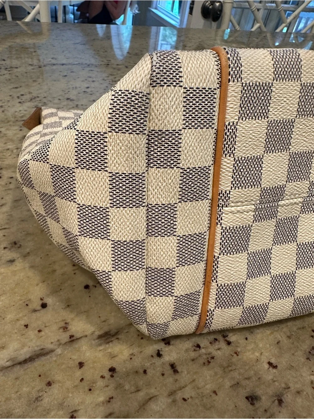 Louis Vuitton White Checkered Damier Azur Tote with Tan Leather Straps